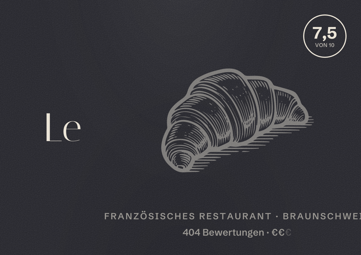 Illustriertes Poster von Le Feu, Französisches Restaurant in Braunschweig: Bewertung 7,5 von 10 aus 404 Bewertungen, Preisniveau €€