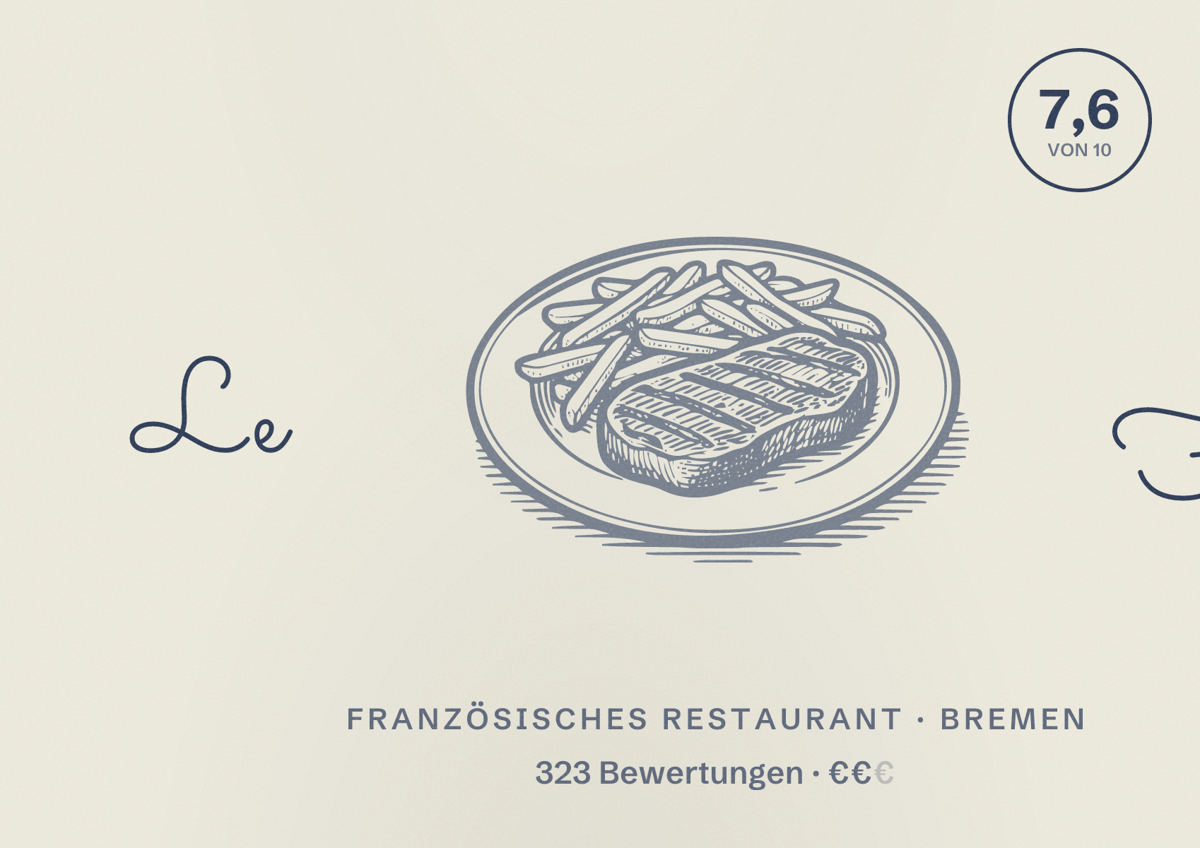 Illustriertes Poster von Le Feu, Französisches Restaurant in Bremen: Bewertung 7,6 von 10 aus 323 Bewertungen, Preisniveau €€