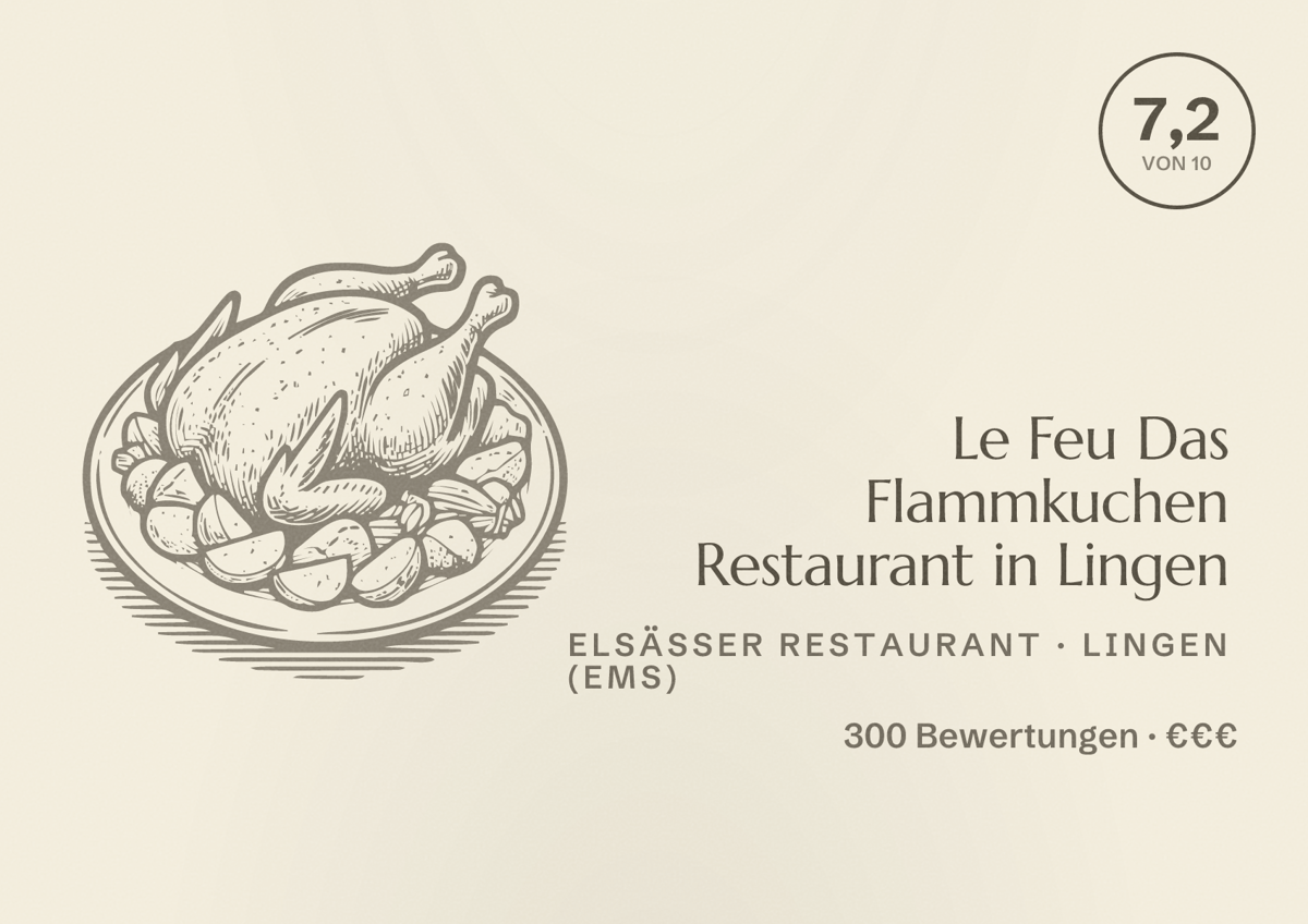 Illustriertes Poster von Le Feu Das Flammkuchen Restaurant in Lingen, Elsässer Restaurant in Lingen (Ems): Bewertung 7,2 von 10 aus 300 Bewertungen, Preisniveau €€€