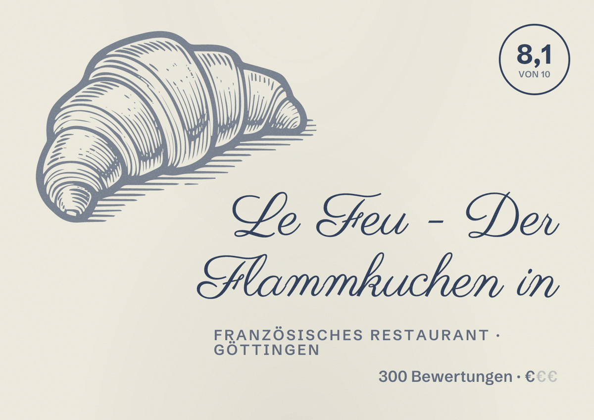 Illustriertes Poster von Le Feu - Der Flammkuchen in, Französisches Restaurant in Göttingen: Bewertung 8,1 von 10 aus 300 Bewertungen, Preisniveau €