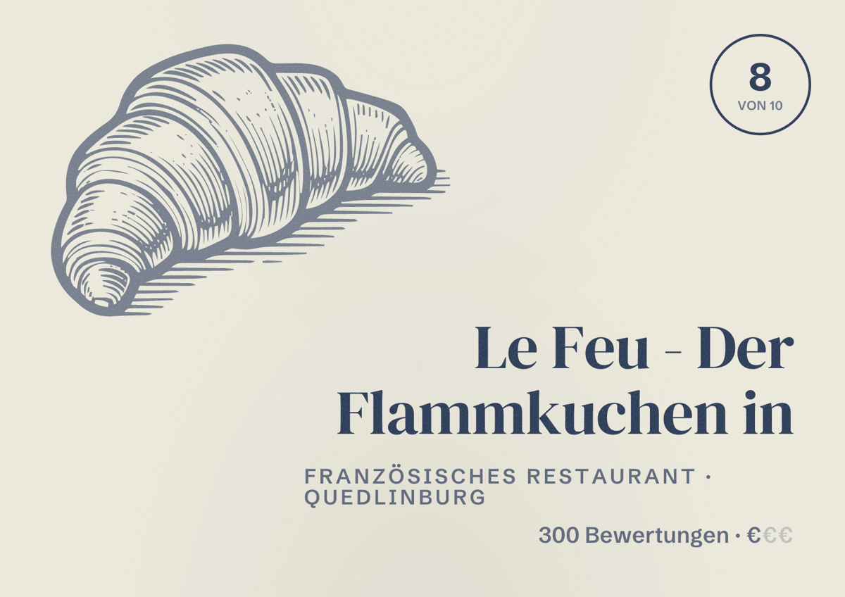 Illustriertes Poster von Le Feu - Der Flammkuchen in, Französisches Restaurant in Quedlinburg: Bewertung 8 von 10 aus 300 Bewertungen, Preisniveau €