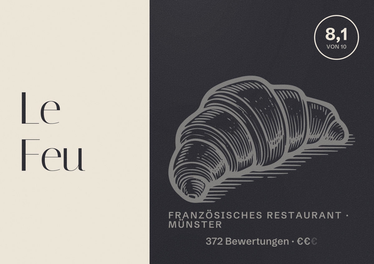 Illustriertes Poster von Le Feu, Französisches Restaurant in Münster: Bewertung 8,1 von 10 aus 372 Bewertungen, Preisniveau €€
