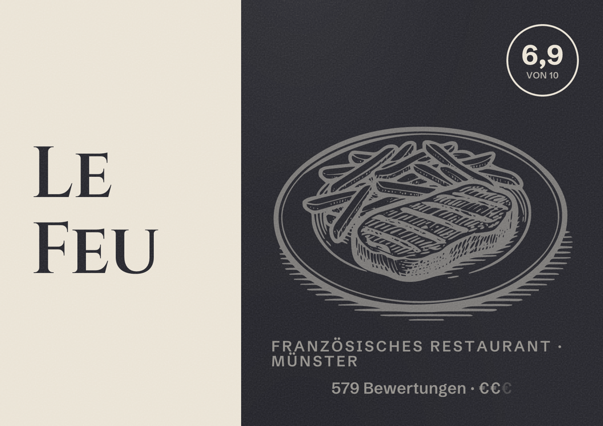 Illustriertes Poster von Le Feu, Französisches Restaurant in Münster: Gästebewertung 6,9 von 10 aus 579 Bewertungen
