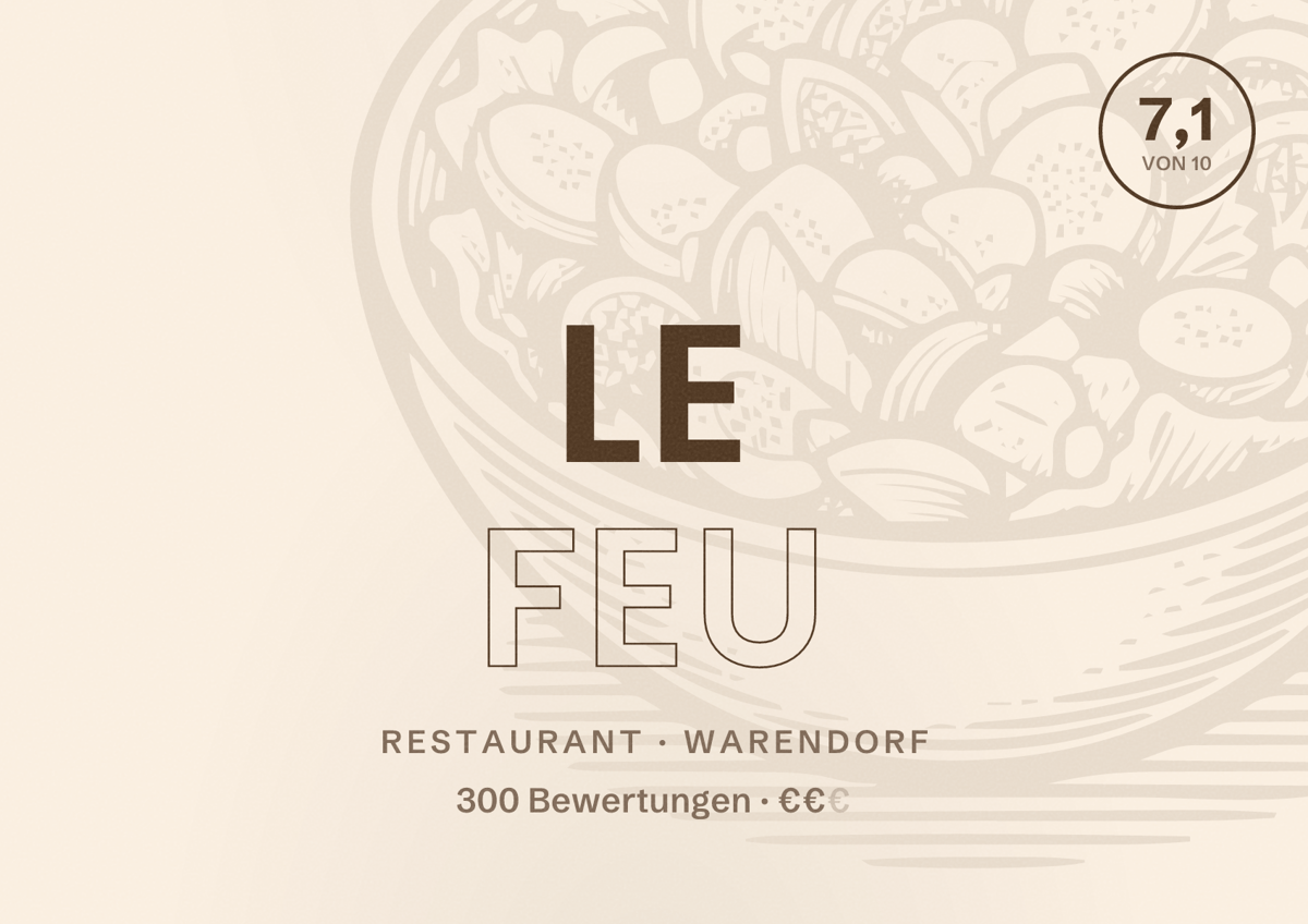 Illustriertes Poster von Le Feu, Restaurant in Warendorf: Bewertung 7,1 von 10 aus 300 Bewertungen, Preisniveau €€