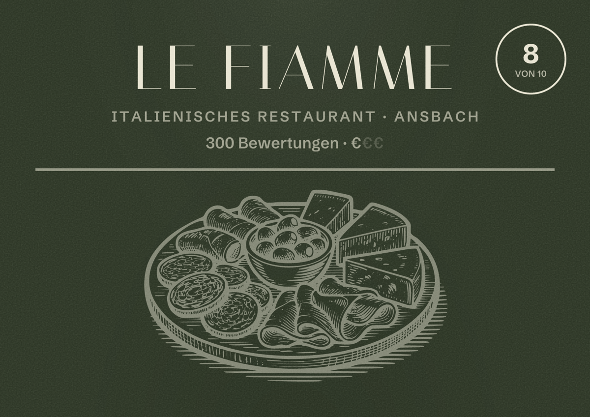 Illustriertes Poster von Le Fiamme, Italienisches Restaurant in Ansbach: Bewertung 8 von 10 aus 300 Bewertungen, Preisniveau €