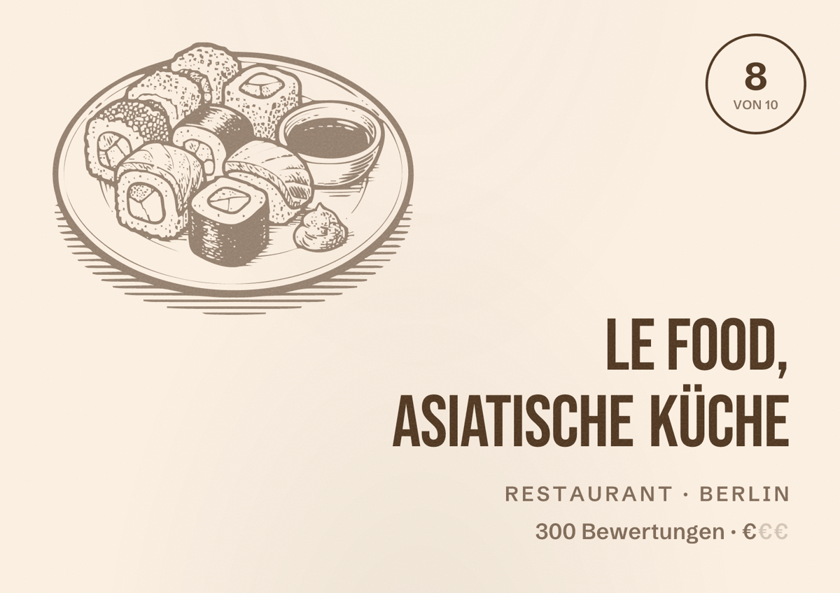 Illustriertes Poster von Le Food, Asiatische Küche, Restaurant in Berlin: Bewertung 8,0 von 10 aus 300 Bewertungen, Preisniveau €