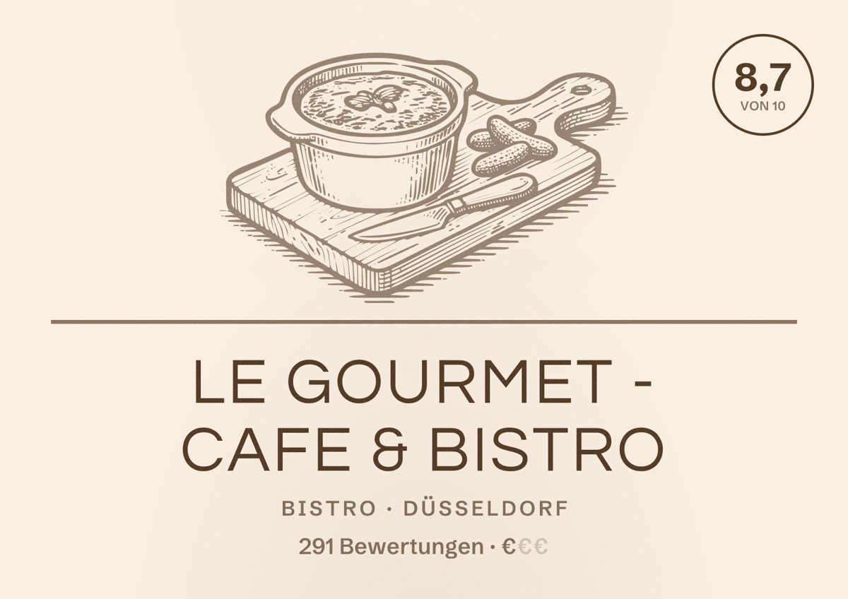 Illustriertes Poster von Le Gourmet - Cafe & Bistro, Bistro in Düsseldorf: Bewertung 8,7 von 10 aus 291 Bewertungen, Preisniveau €