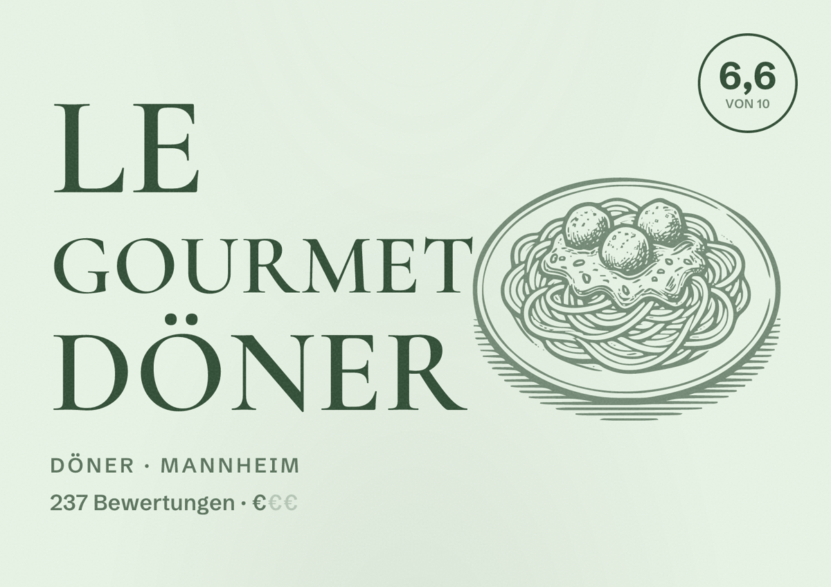 Illustriertes Poster von Le Gourmet Döner, Döner in Mannheim: Bewertung 6,6 von 10 aus 237 Bewertungen, Preisniveau €