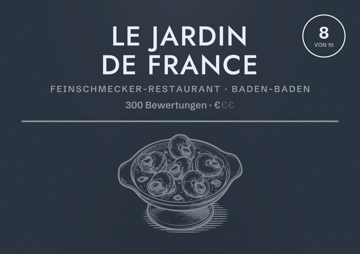 Illustriertes Poster von Le Jardin de France, Feinschmecker-Restaurant in Baden-Baden: Bewertung 8 von 10 aus 300 Bewertungen, Preisniveau €