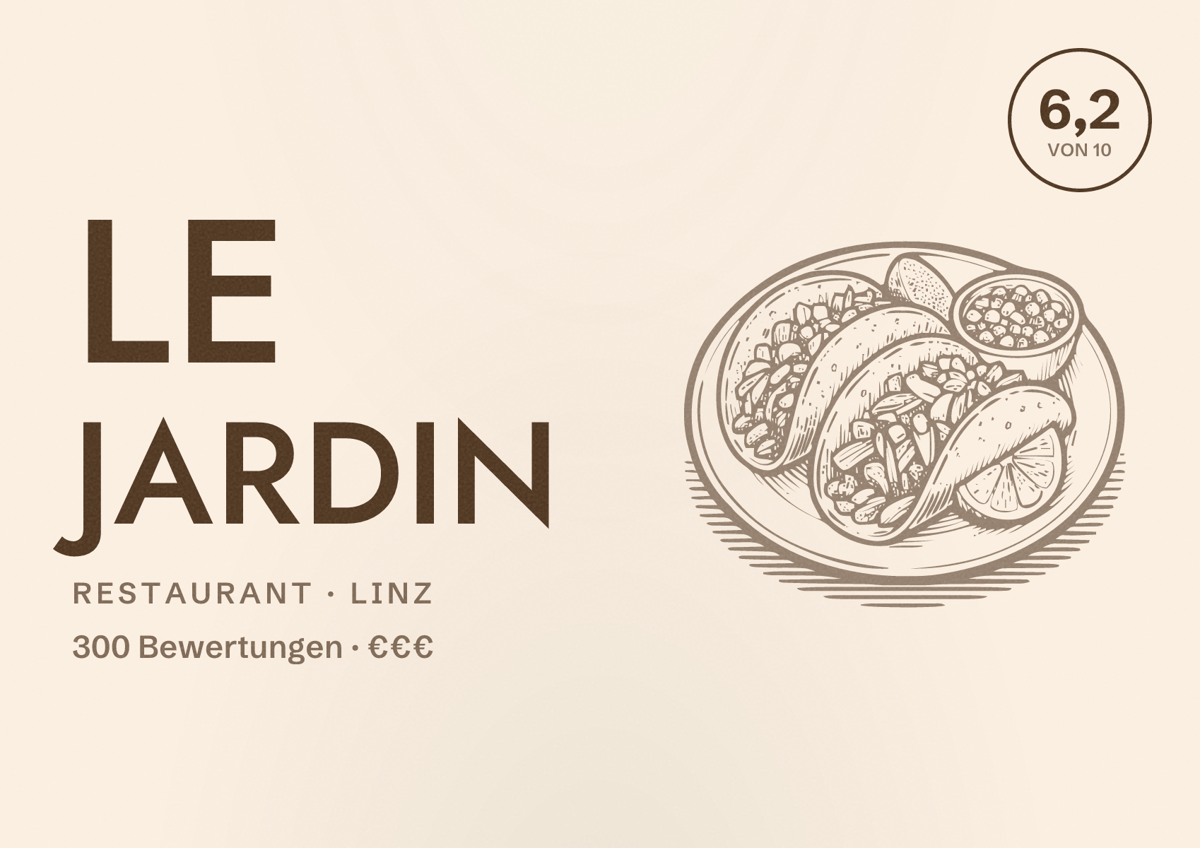 Illustriertes Poster von Le Jardin, Restaurant in Linz: Bewertung 6,2 von 10 aus 300 Bewertungen, Preisniveau €€€