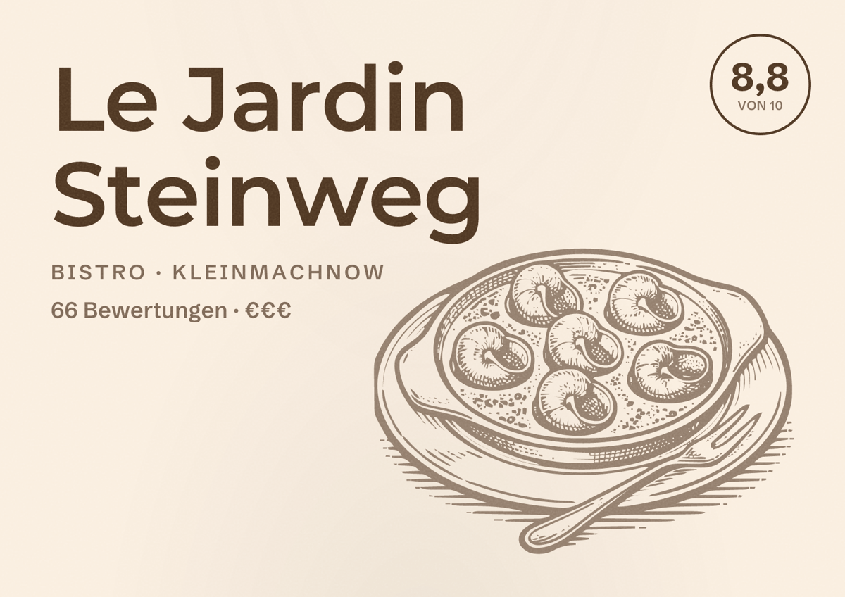 Illustriertes Poster von Le Jardin Steinweg, Bistro in Kleinmachnow: Bewertung 8,8 von 10 aus 66 Bewertungen, Preisniveau €€€