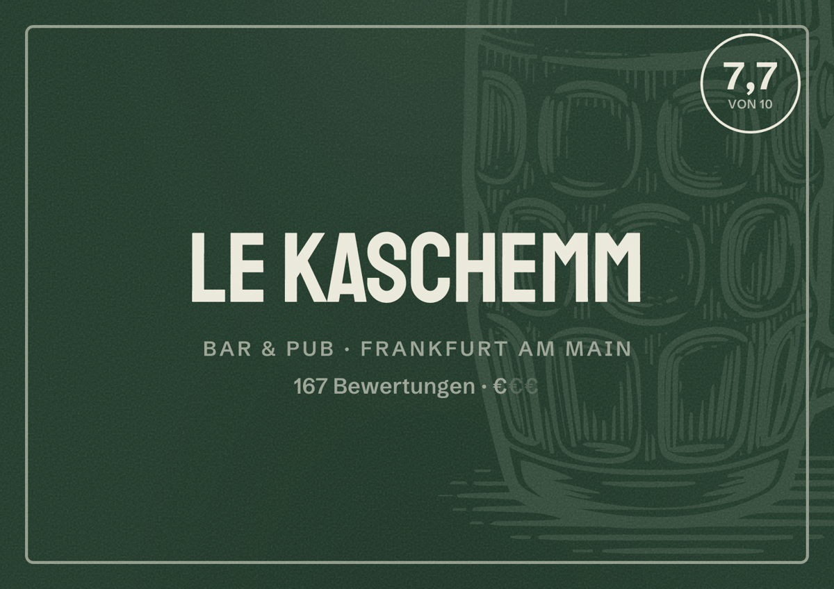 Illustriertes Poster von Le Kaschemm, Bar & Pub in Frankfurt am Main: Bewertung 7,7 von 10 aus 167 Bewertungen, Preisniveau €