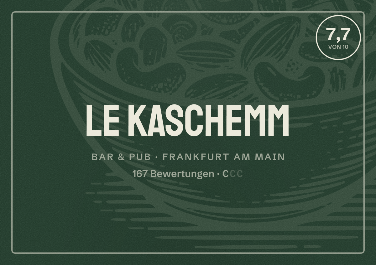 Illustriertes Poster von Le Kaschemm, Bar & Pub in Frankfurt am Main: Bewertung 7,7 von 10 aus 167 Bewertungen, Preisniveau €