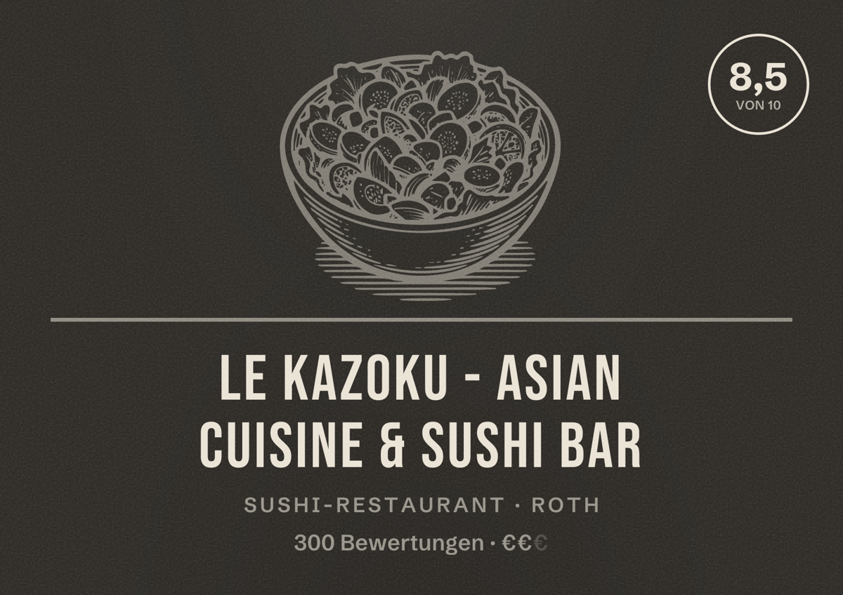 Illustriertes Poster von Le Kazoku - Asian Cuisine & Sushi Bar, Sushi-Restaurant in Roth: Bewertung 8,5 von 10 aus 300 Bewertungen, Preisniveau €€