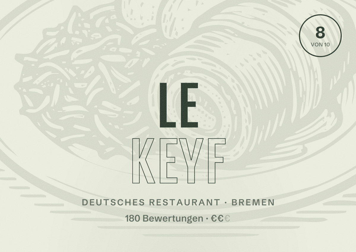 Illustriertes Poster von Le Keyf, Deutsches Restaurant in Bremen: Bewertung 8 von 10 aus 180 Bewertungen, Preisniveau €€