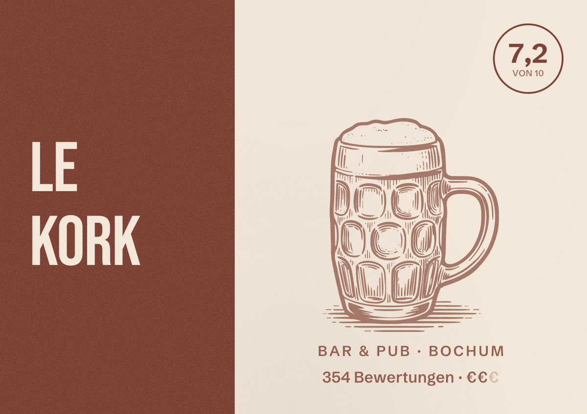 Illustriertes Poster von Le Kork, Bar & Pub in Bochum: Bewertung 7,2 von 10 aus 354 Bewertungen, Preisniveau €€