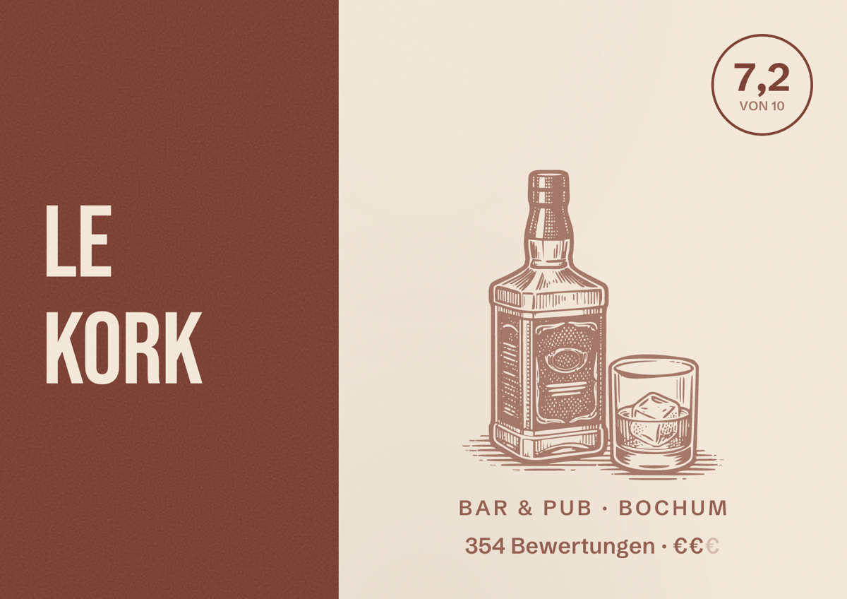 Illustriertes Poster von Le Kork, Bar & Pub in Bochum: Bewertung 7,2 von 10 aus 354 Bewertungen, Preisniveau €€