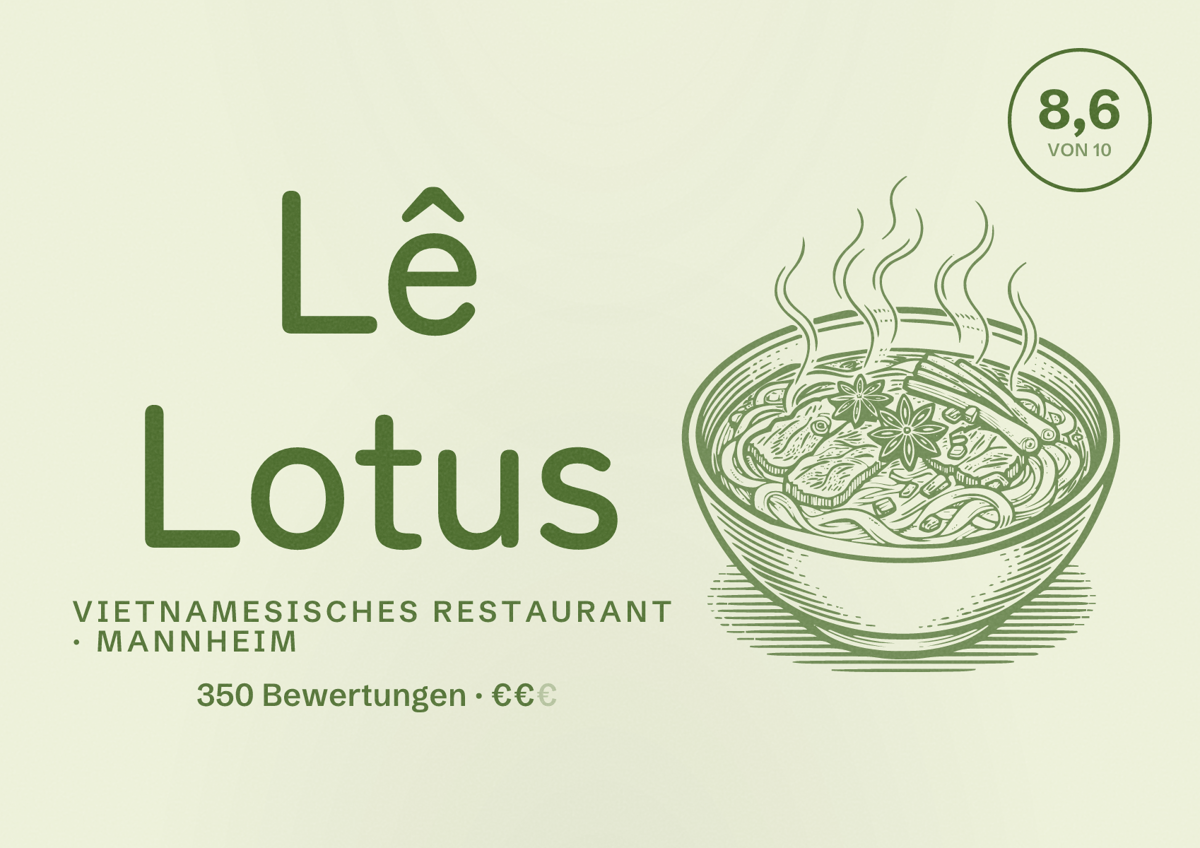 Illustriertes Poster von Lê Lotus, Vietnamesisches Restaurant in Mannheim: Bewertung 8,6 von 10 aus 350 Bewertungen, Preisniveau €€