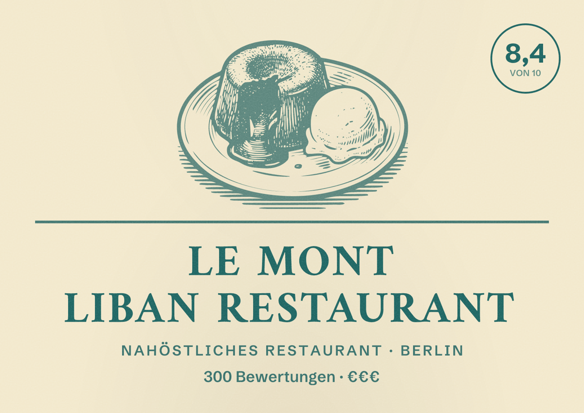 Illustriertes Poster von Le Mont Liban Restaurant, Nahöstliches Restaurant in Berlin: Bewertung 8,4 von 10 aus 300 Bewertungen, Preisniveau €€€