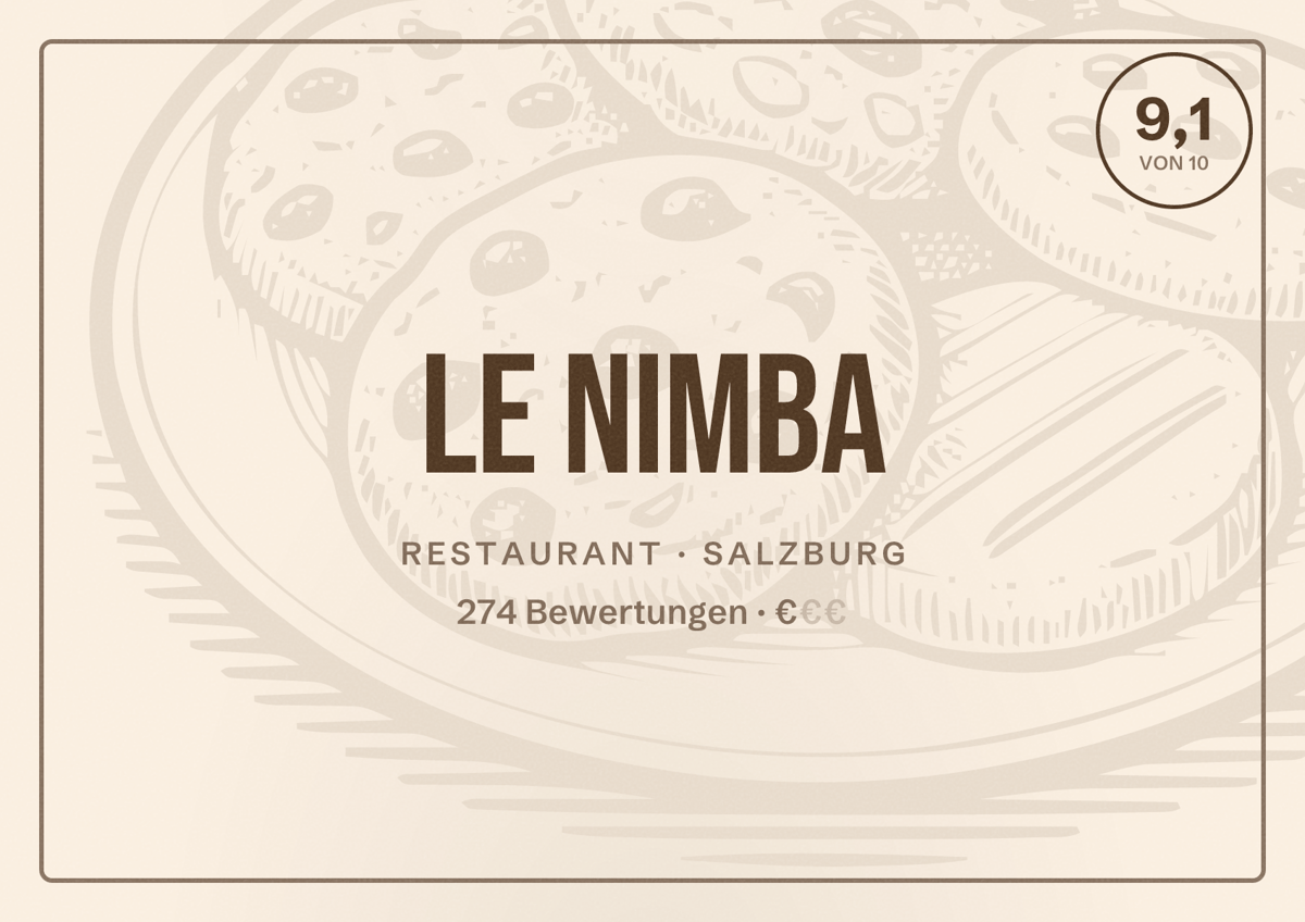 Illustriertes Poster von Le Nimba, Restaurant in Salzburg: Bewertung 9,1 von 10 aus 274 Bewertungen, Preisniveau €