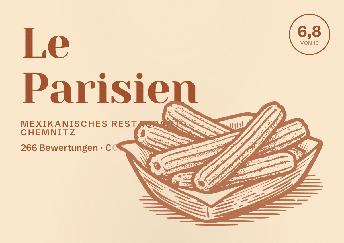 Illustriertes Poster von Le Parisien, Mexikanisches Restaurant in Chemnitz: Bewertung 6,8 von 10 aus 266 Bewertungen, Preisniveau €