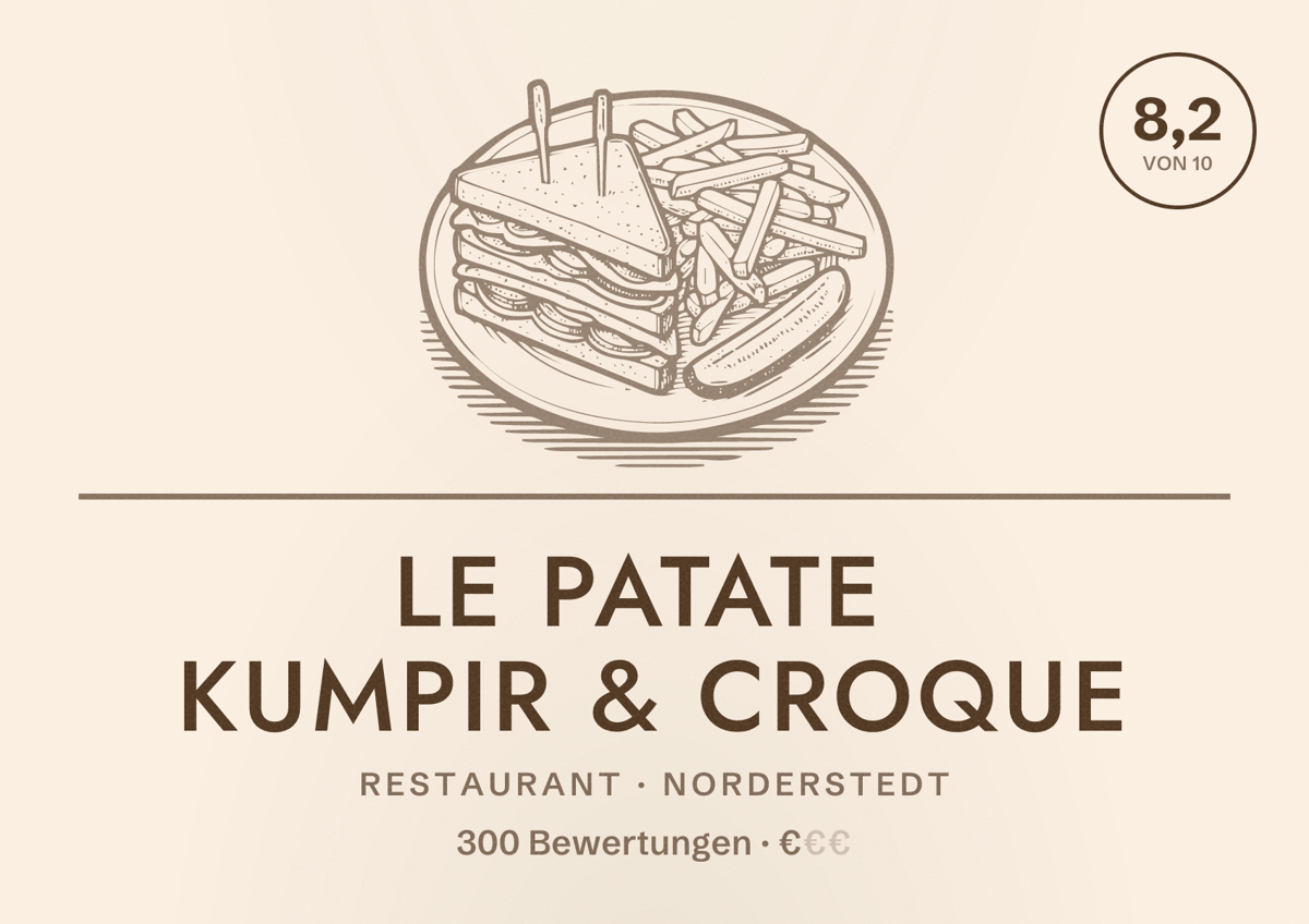 Illustriertes Poster von Le Patate Kumpir & Croque, Restaurant in Norderstedt: Bewertung 8,2 von 10 aus 300 Bewertungen, Preisniveau €