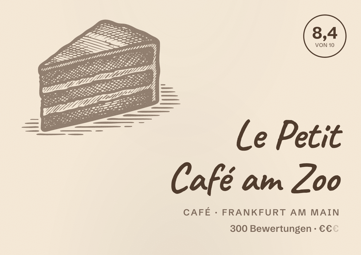 Illustriertes Poster von Le Petit Café am Zoo, Café in Frankfurt am Main: Bewertung 8,4 von 10 aus 300 Bewertungen, Preisniveau €€