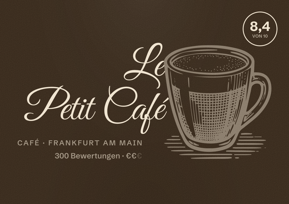 Illustriertes Poster von Le Petit Café, Café in Frankfurt am Main: Bewertung 8,4 von 10 aus 300 Bewertungen, Preisniveau €€