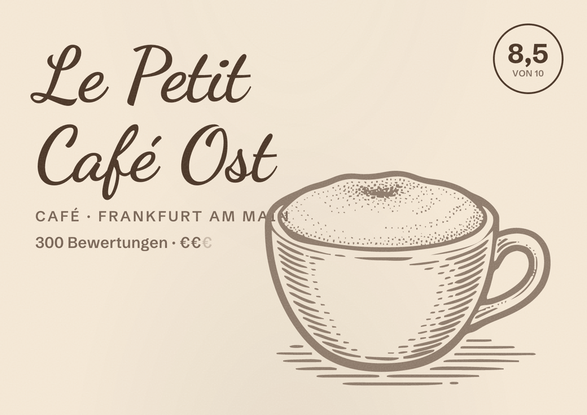 Illustriertes Poster von Le Petit Café Ost, Café in Frankfurt am Main: Bewertung 8,5 von 10 aus 300 Bewertungen, Preisniveau €€