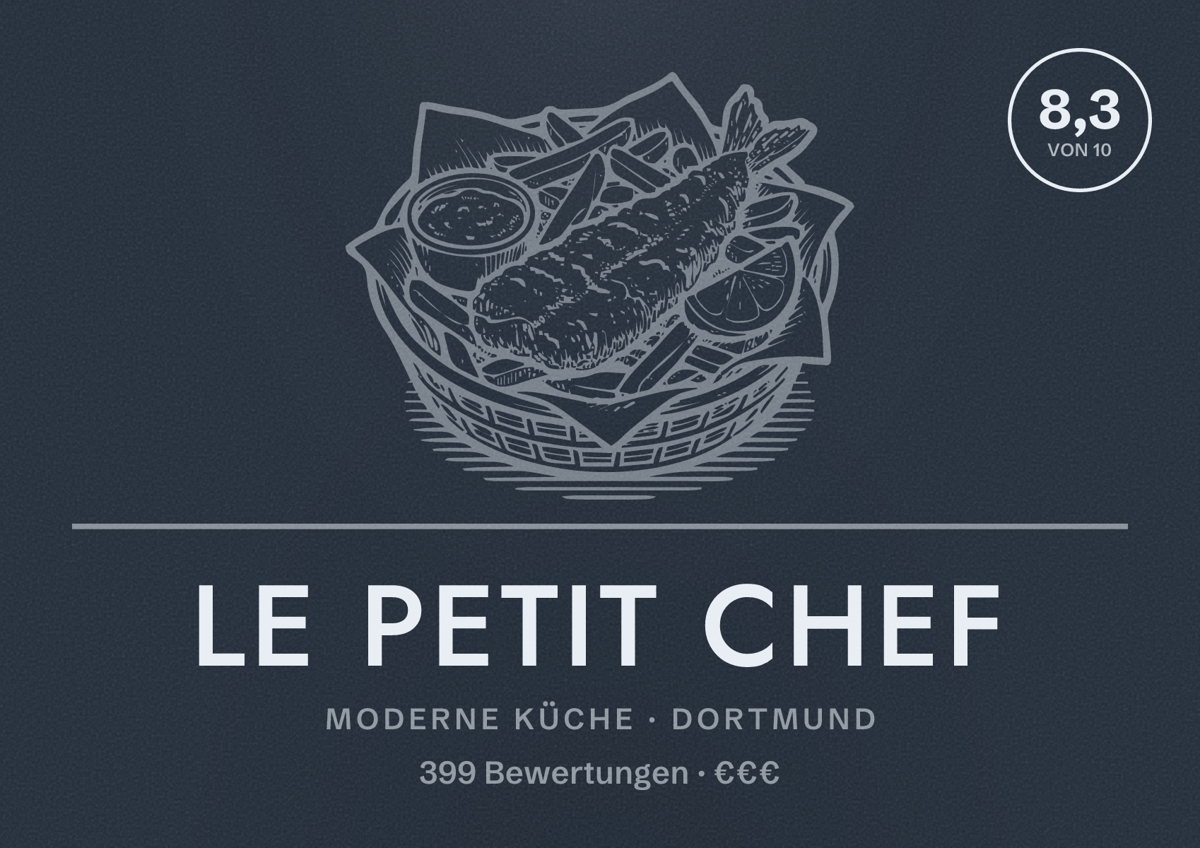 Illustriertes Poster von Le Petit Chef, Moderne Küche in Dortmund: Bewertung 8,3 von 10 aus 399 Bewertungen, Preisniveau €€€