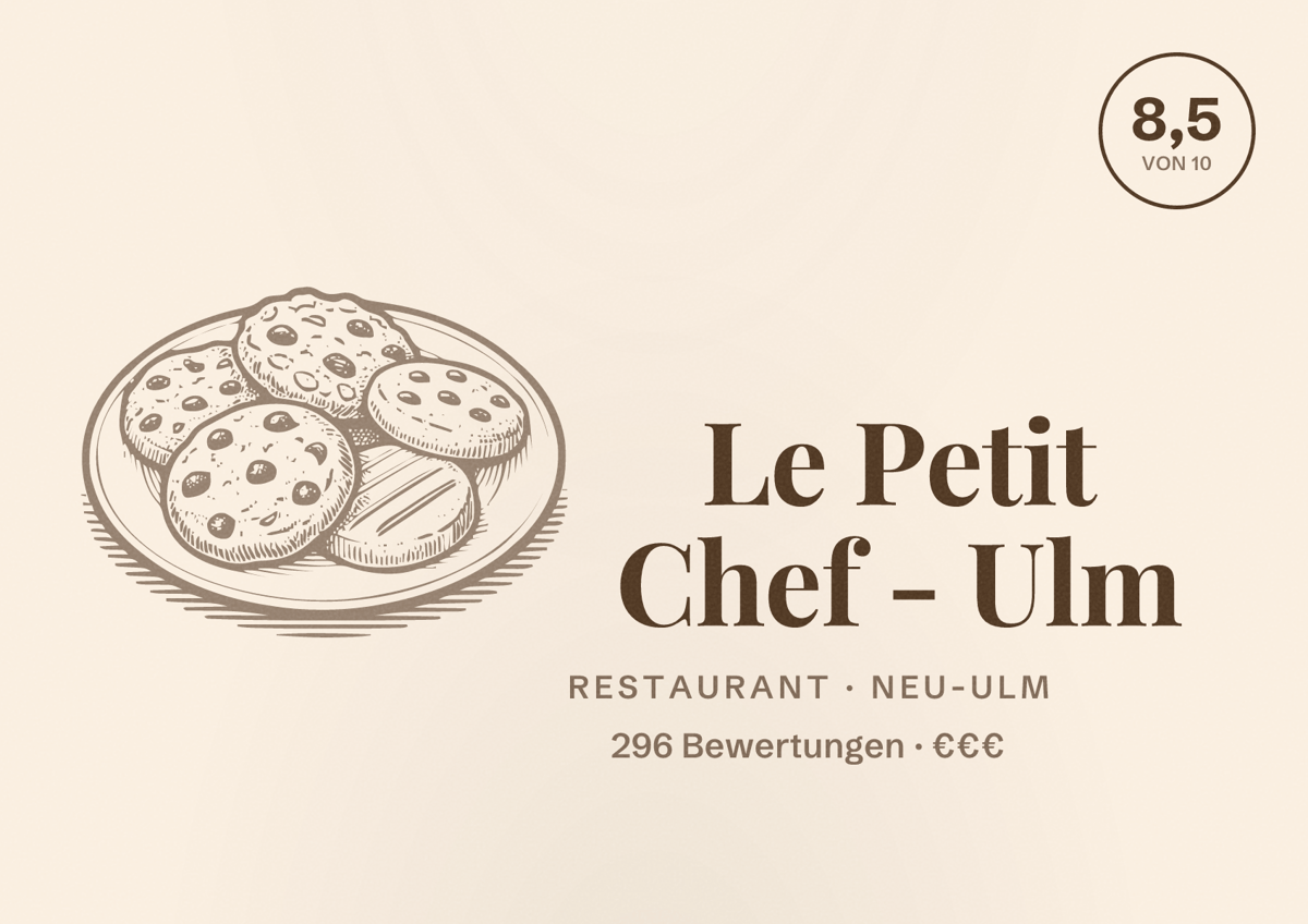 Illustriertes Poster von Le Petit Chef - Ulm, Restaurant in Neu-Ulm: Bewertung 8,5 von 10 aus 296 Bewertungen, Preisniveau €€€