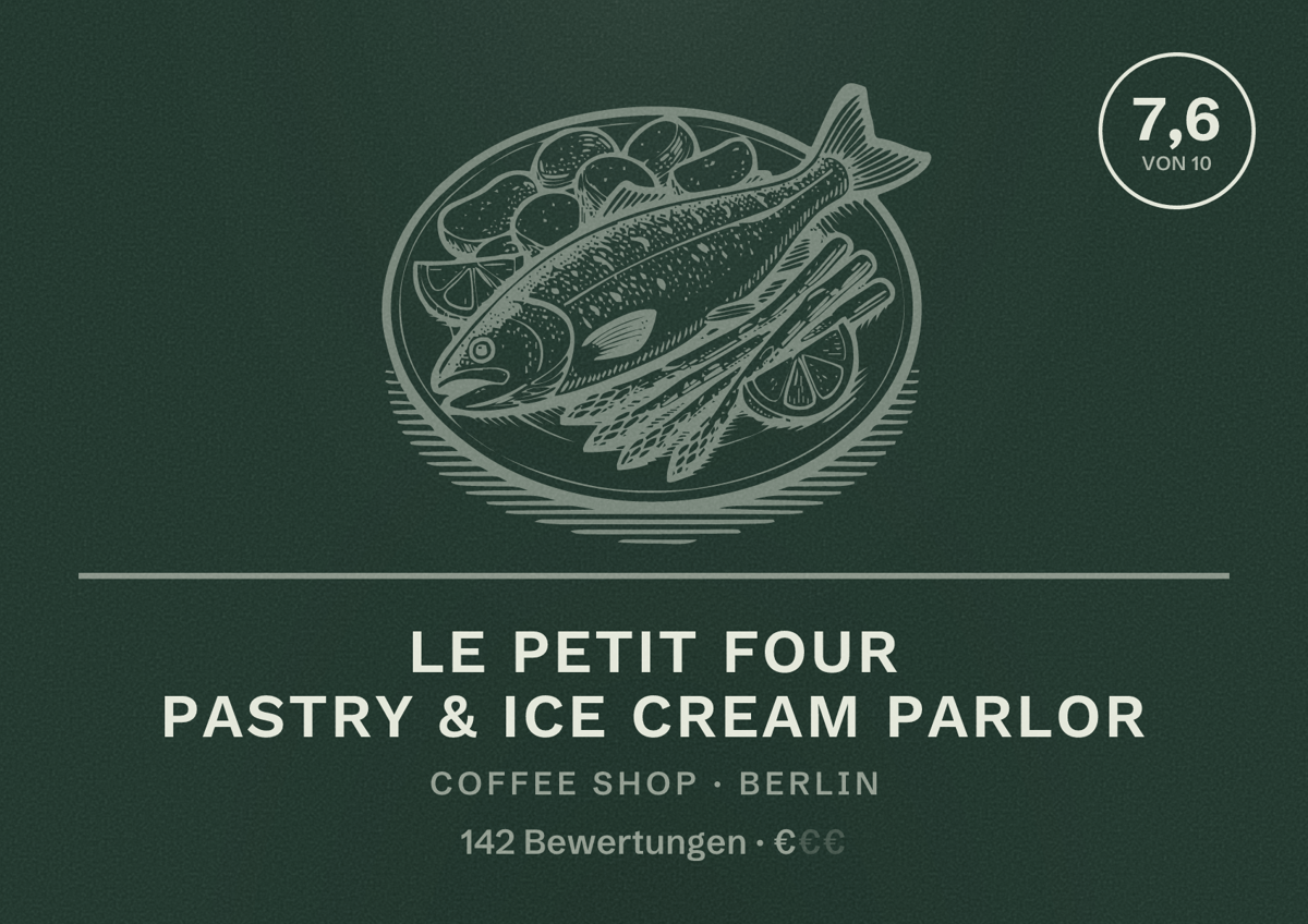 Illustriertes Poster von Le Petit Four Pastry & Ice cream parlor, Coffee Shop in Berlin: Bewertung 7,6 von 10 aus 142 Bewertungen, Preisniveau €