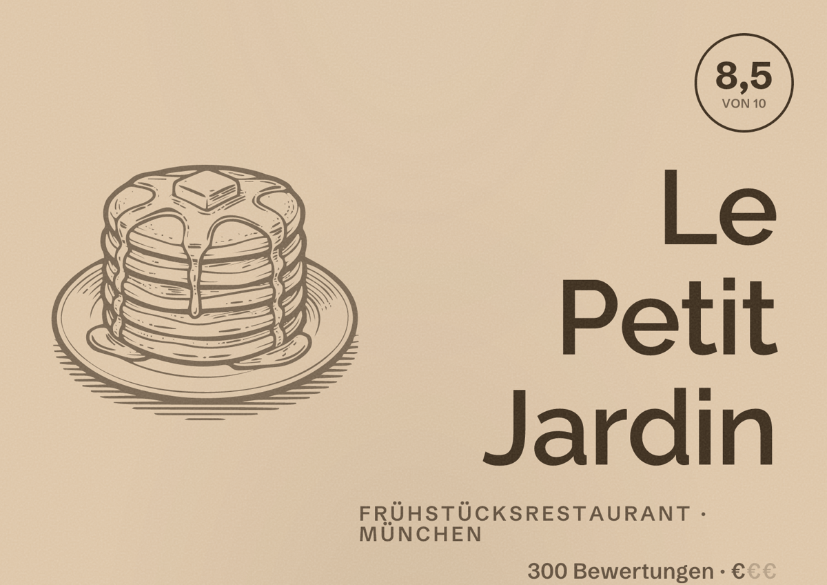 Illustriertes Poster von Le Petit Jardin, Frühstücksrestaurant in München: Bewertung 8,5 von 10 aus 300 Bewertungen, Preisniveau €