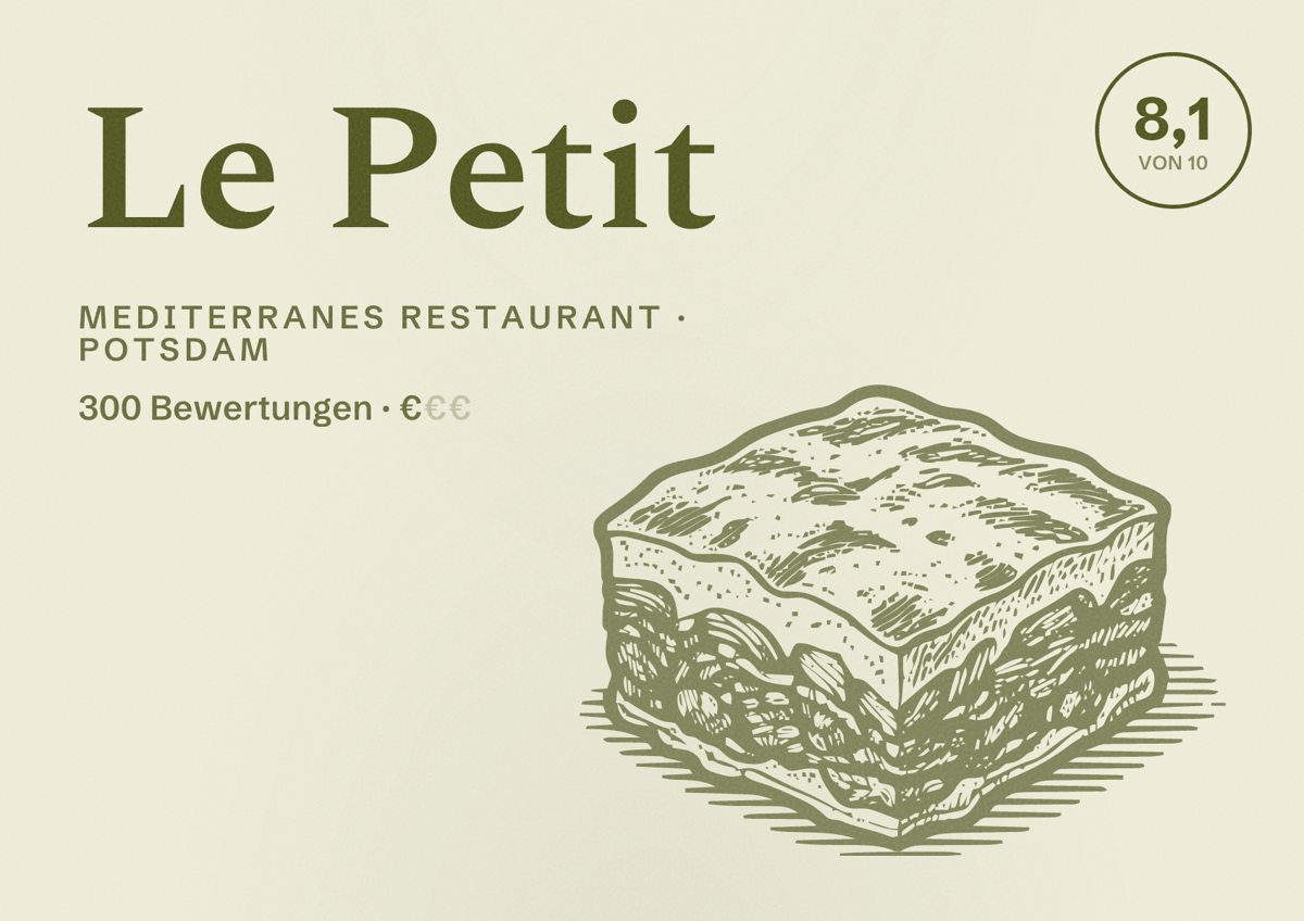 Illustriertes Poster von Le Petit, Mediterranes Restaurant in Potsdam: Bewertung 8,1 von 10 aus 300 Bewertungen, Preisniveau €