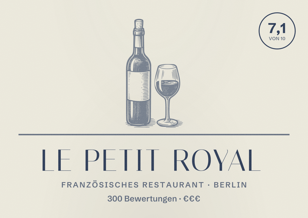 Illustriertes Poster von Le Petit Royal, Französisches Restaurant in Berlin: Bewertung 7,1 von 10 aus 300 Bewertungen, Preisniveau €€€