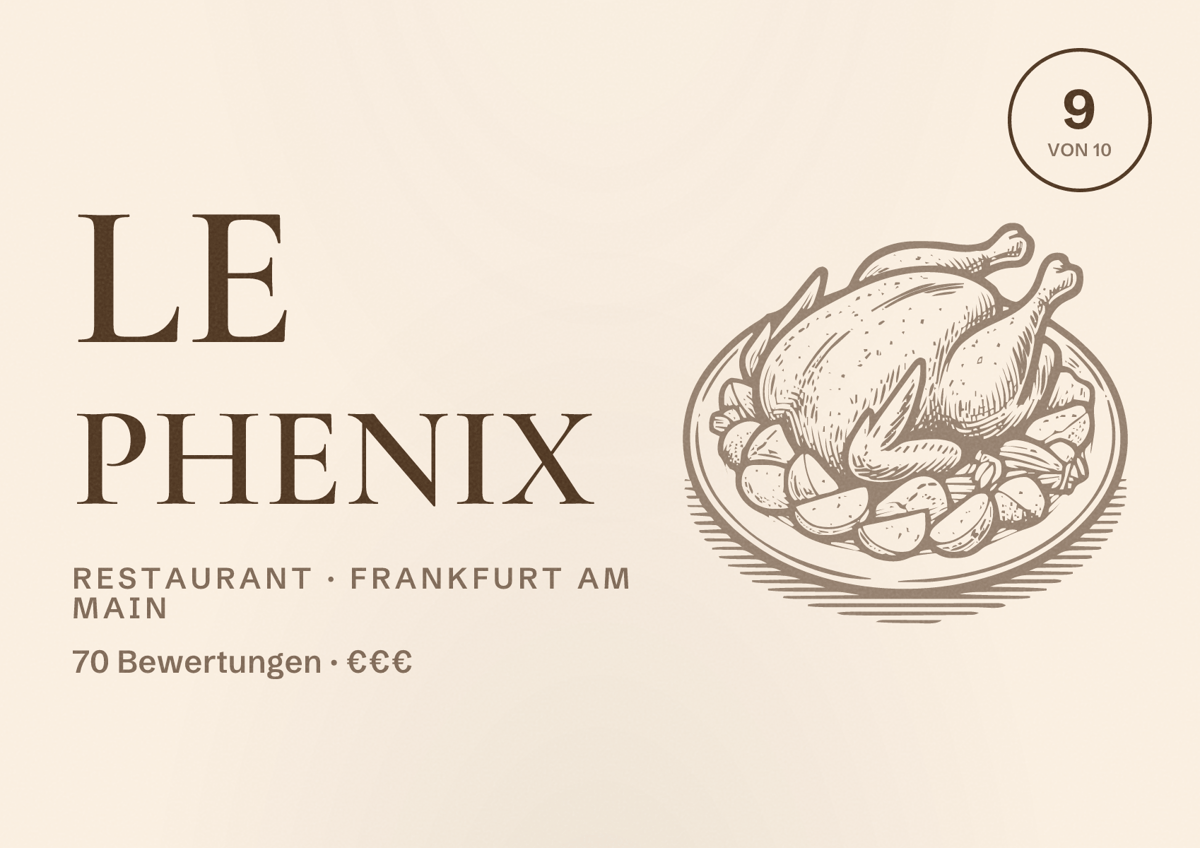 Illustriertes Poster von Le Phenix, Restaurant in Frankfurt am Main: Bewertung 9,0 von 10 aus 70 Bewertungen, Preisniveau €€€