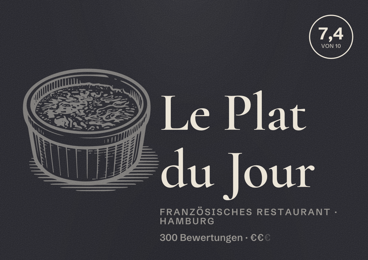 Illustriertes Poster von Le Plat du Jour, Französisches Restaurant in Hamburg: Bewertung 7,4 von 10 aus 300 Bewertungen, Preisniveau €€