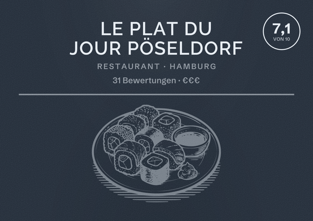Illustriertes Poster von Le Plat du Jour Pöseldorf, Restaurant in Hamburg: Bewertung 7,1 von 10 aus 31 Bewertungen, Preisniveau €€€
