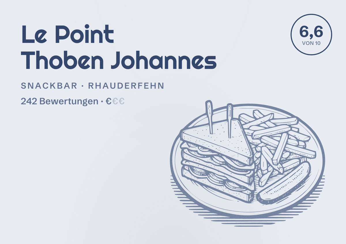 Illustriertes Poster von Le Point Thoben Johannes, Snackbar in Rhauderfehn: Bewertung 6,6 von 10 aus 242 Bewertungen, Preisniveau €