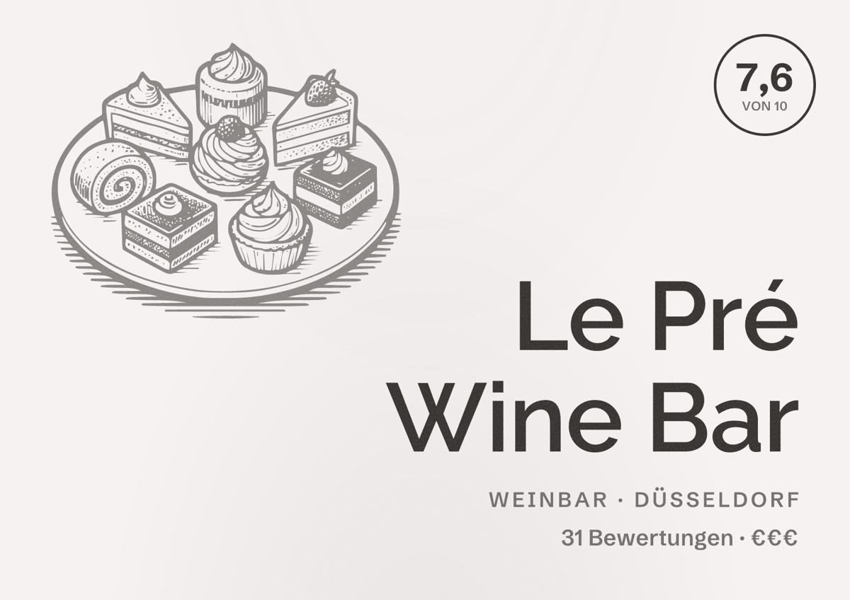 Illustriertes Poster von Le Pré Wine Bar, Weinbar in Düsseldorf: Bewertung 7,6 von 10 aus 31 Bewertungen, Preisniveau €€€
