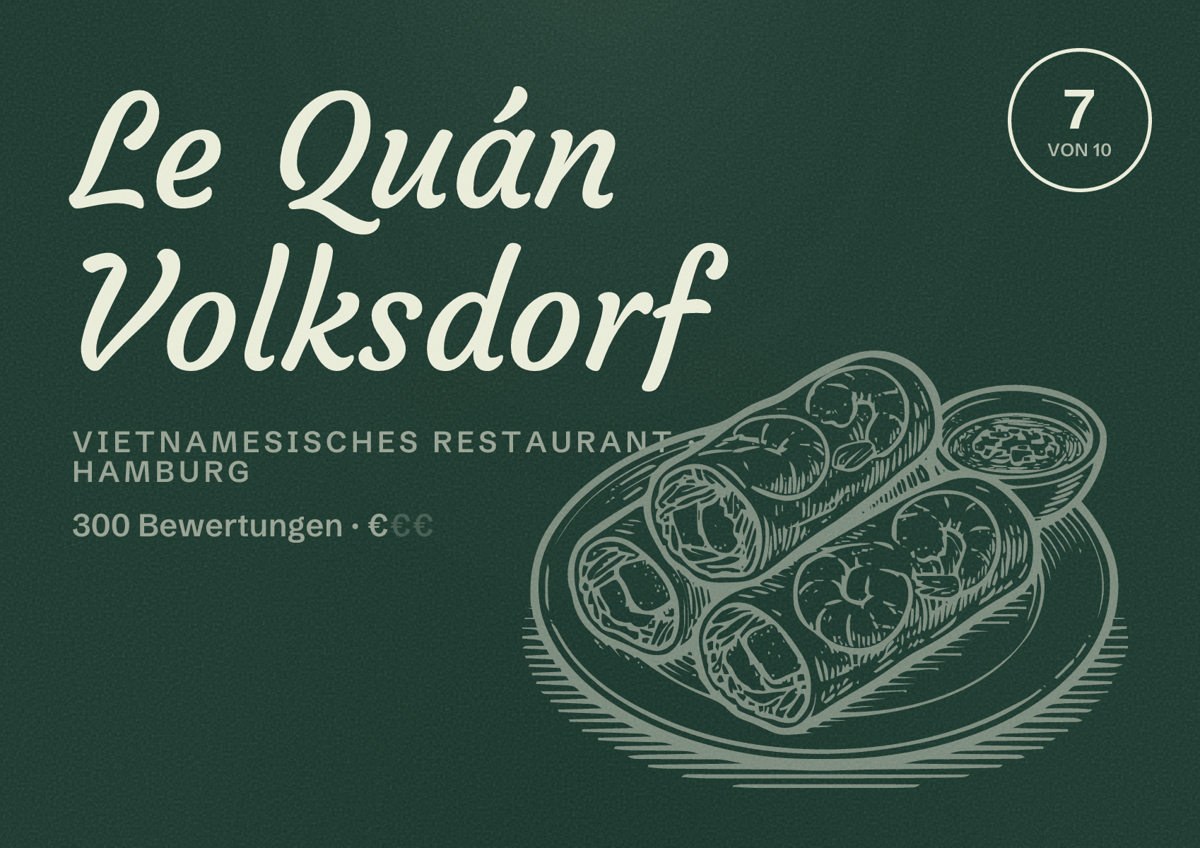 Illustriertes Poster von Le Quán Volksdorf, Vietnamesisches Restaurant in Hamburg: Bewertung 7,0 von 10 aus 300 Bewertungen, Preisniveau €
