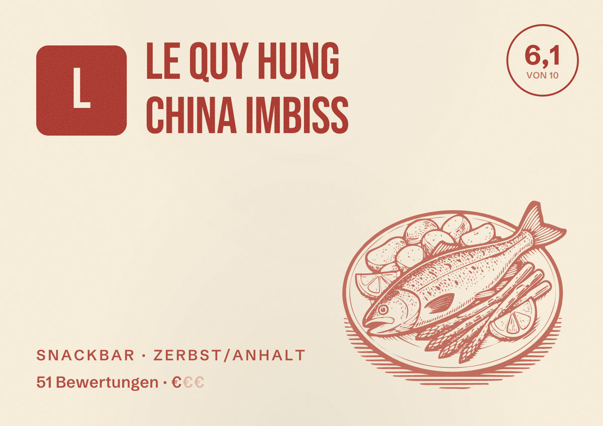 Illustriertes Poster von Le Quy Hung China Imbiss, Snackbar in Zerbst/Anhalt: Bewertung 6,1 von 10 aus 51 Bewertungen, Preisniveau €