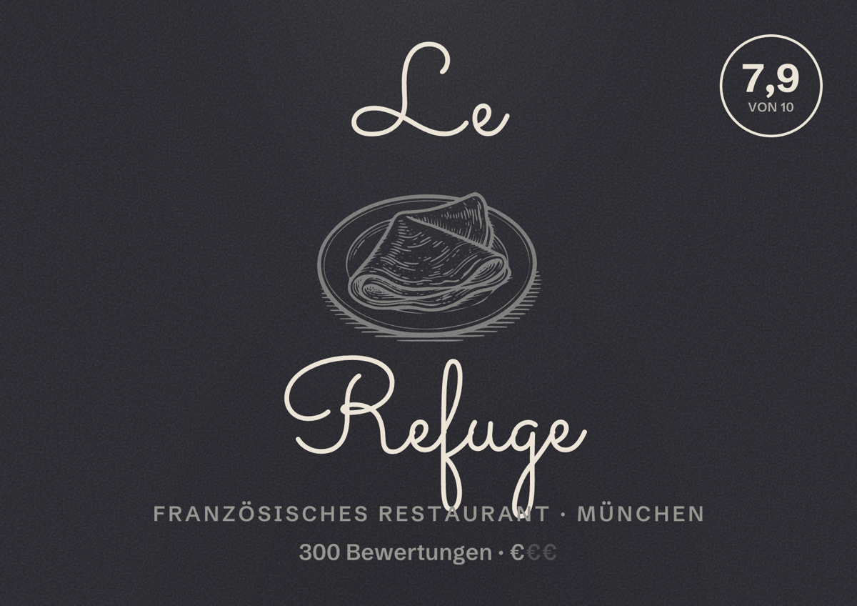 Illustriertes Poster von Le Refuge, Französisches Restaurant in München: Bewertung 7,9 von 10 aus 300 Bewertungen, Preisniveau €