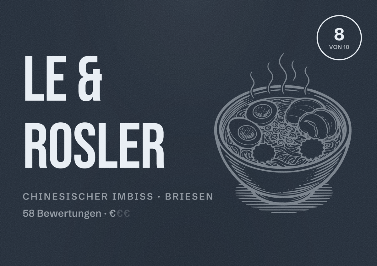 Illustriertes Poster von Le & Rosler, Chinesischer Imbiss in Briesen: Bewertung 8 von 10 aus 58 Bewertungen, Preisniveau €