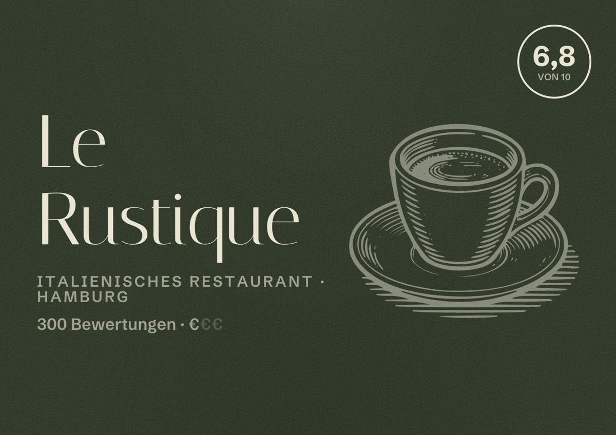 Illustriertes Poster von Le Rustique, Italienisches Restaurant in Hamburg: Bewertung 6,8 von 10 aus 300 Bewertungen, Preisniveau €