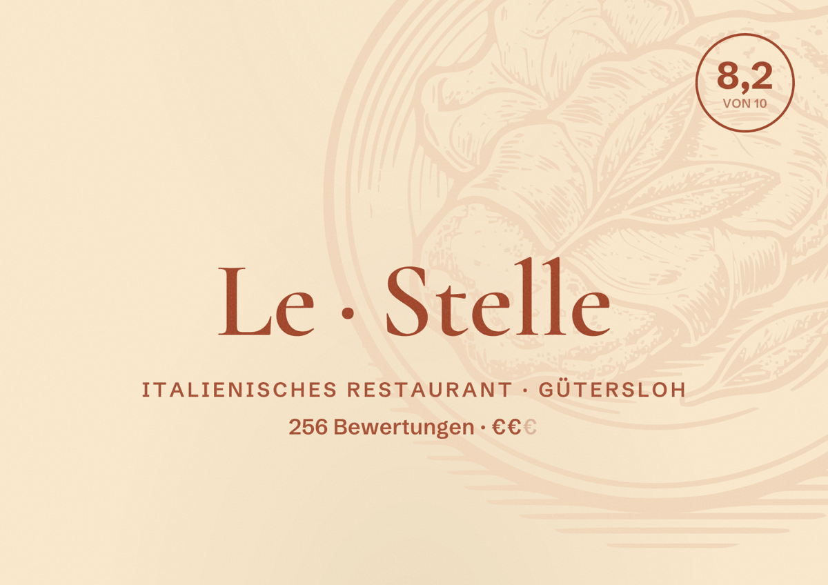 Illustriertes Poster von Le Stelle, Italienisches Restaurant in Gütersloh: Bewertung 8,2 von 10 aus 256 Bewertungen, Preisniveau €€