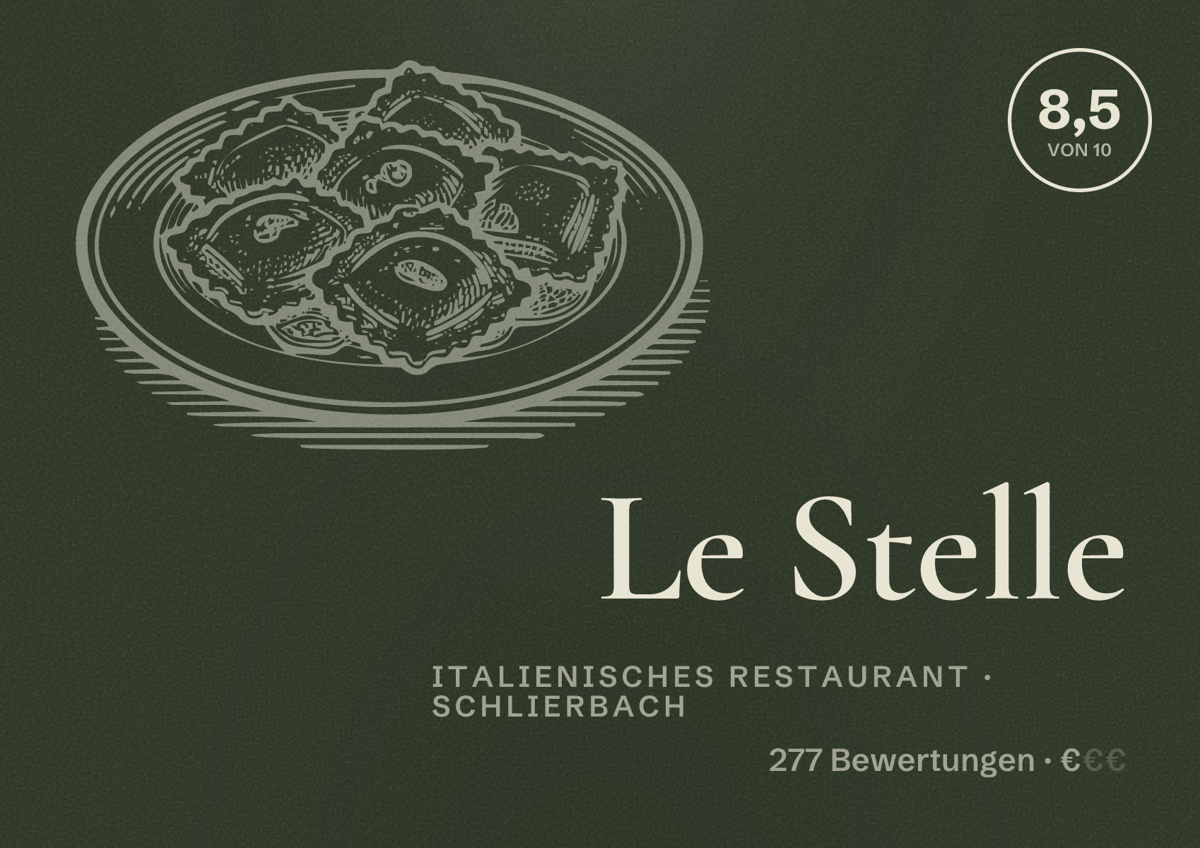 Illustriertes Poster von Le Stelle, Italienisches Restaurant in Schlierbach: Bewertung 8,5 von 10 aus 277 Bewertungen, Preisniveau €
