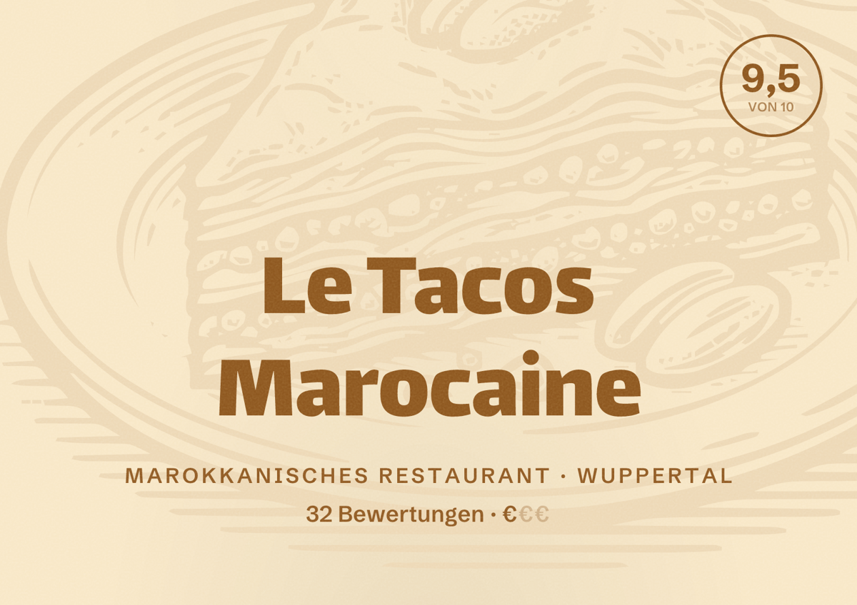 Illustriertes Poster von Le Tacos Marocaine, Marokkanisches Restaurant in Wuppertal: Bewertung 9,5 von 10 aus 32 Bewertungen, Preisniveau €