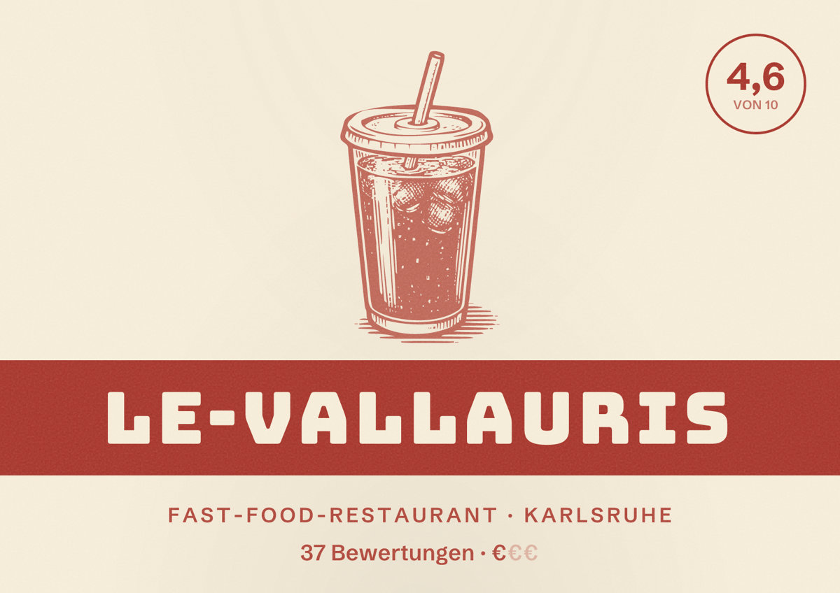 Illustriertes Poster von Le-vallauris, Fast-Food-Restaurant in Karlsruhe: Bewertung 4,6 von 10 aus 37 Bewertungen, Preisniveau €