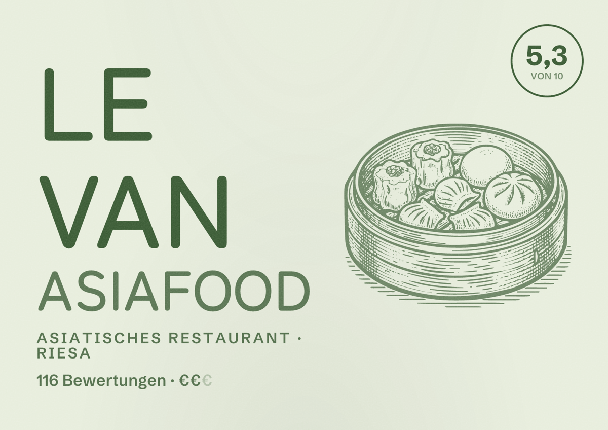 Illustriertes Poster von Le Van asiafood, Asiatisches Restaurant in Riesa: Bewertung 5,3 von 10 aus 116 Bewertungen, Preisniveau €€